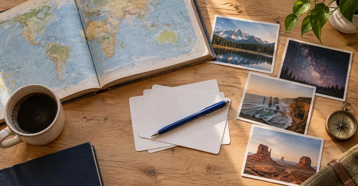 An open atlas, landscape postcards, blank question cards, and a blue pen arranged on a wooden table