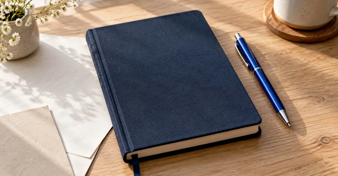 A closed navy cloth notebook and a blue pen on a sunlit wooden table